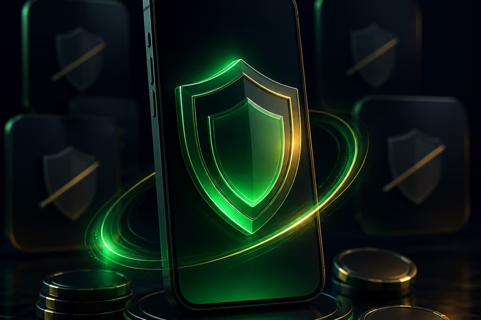 Mobile download safety shown with shield and phone visuals