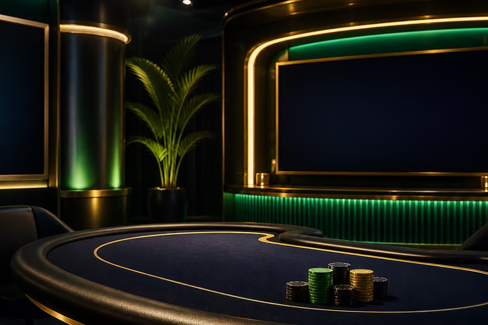 Live casino studio ambience shown with dark table lights