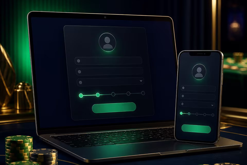 Registration flow shown on dark laptop and phone screens