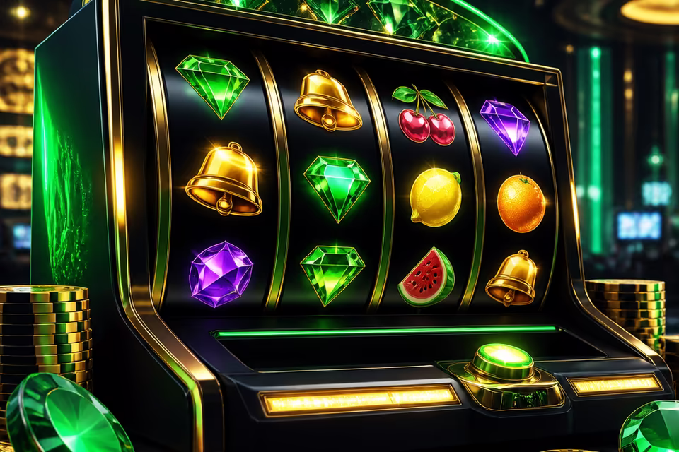 Featured pokies shown as green and gold slot reels